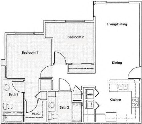 Floor plan for 2 beds, 2 baths, 1000 sqft